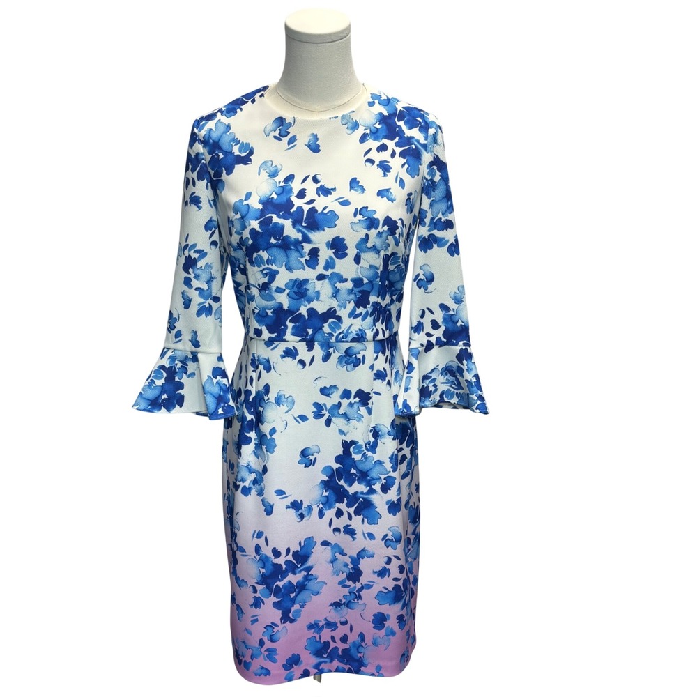 Donna Morgan Spring Dress Sz 6 White Blue Floral Bell Sleeve Career Office Artsy